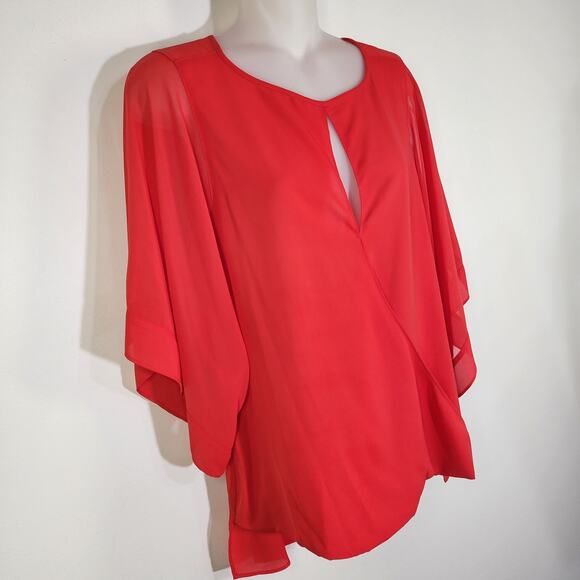 Jennifer Lopez Womens Chiffon Faux Wrap Top M Red Keyhole Wide 3/4 Sleeve Light - Picture 4 of 9